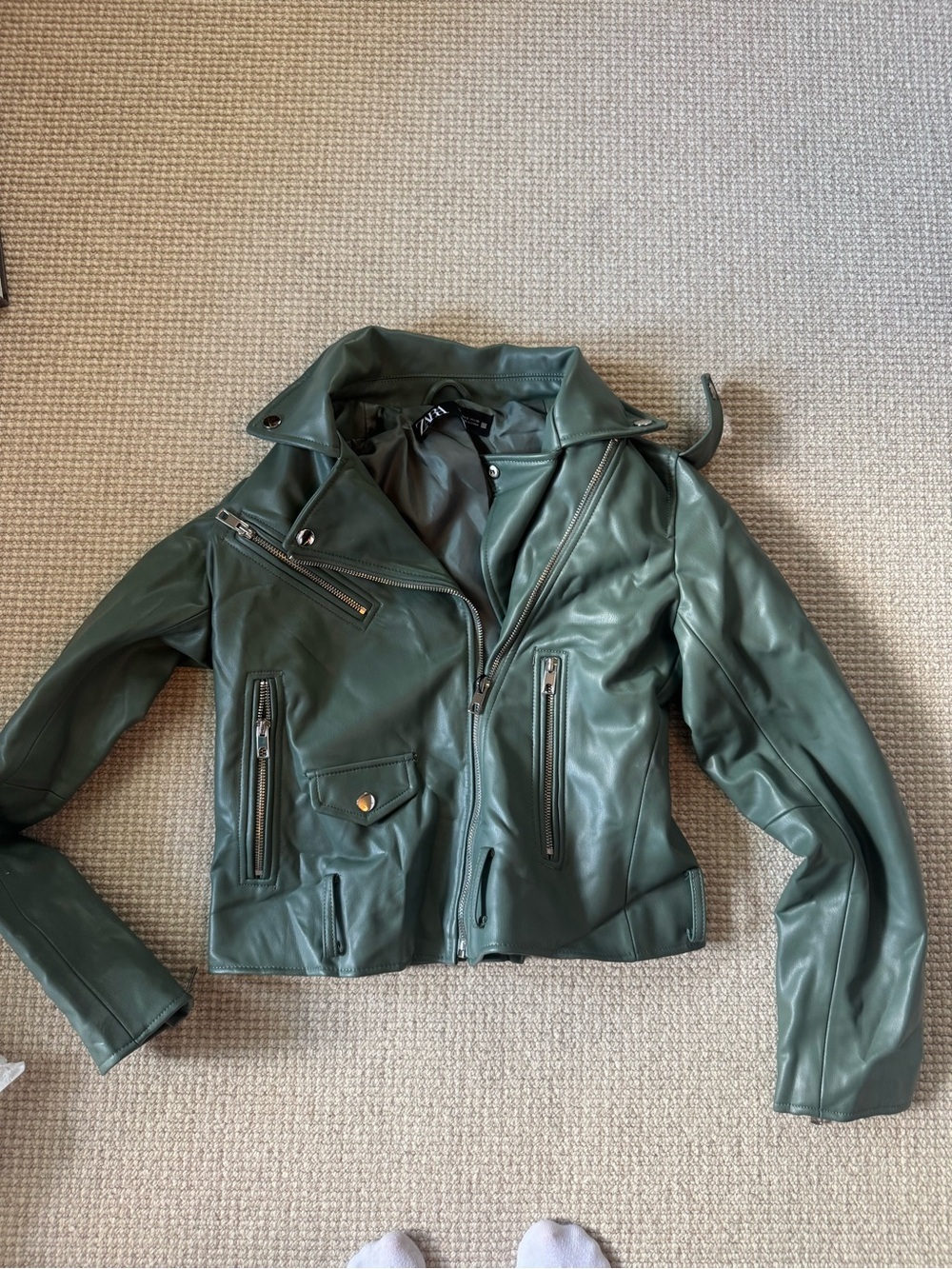 Zara Dark Green Faux Leather Biker Jacket - Women's